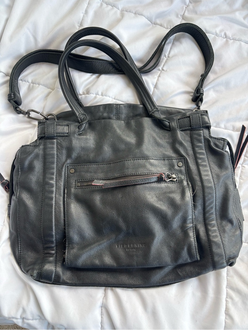 Liebeskind Berlin Black Leather Satchel Tote Crossbody Bag Coral Interior